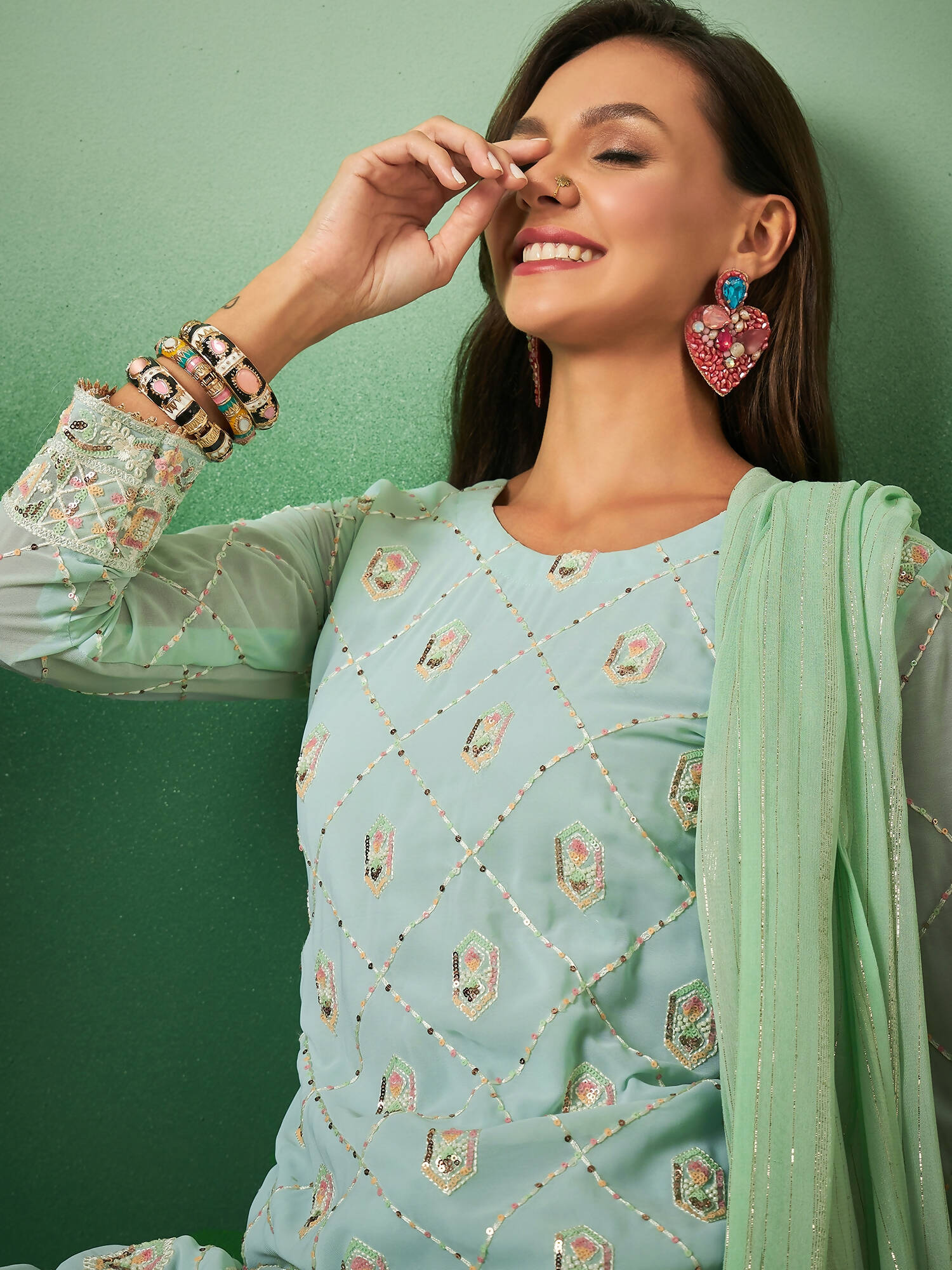 Sea Green Georgette Handwork Unstitched Dress Material - Hanika - Distacart