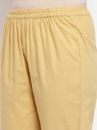 Myshka Women's Cream Cotton Solid Casual Trouser