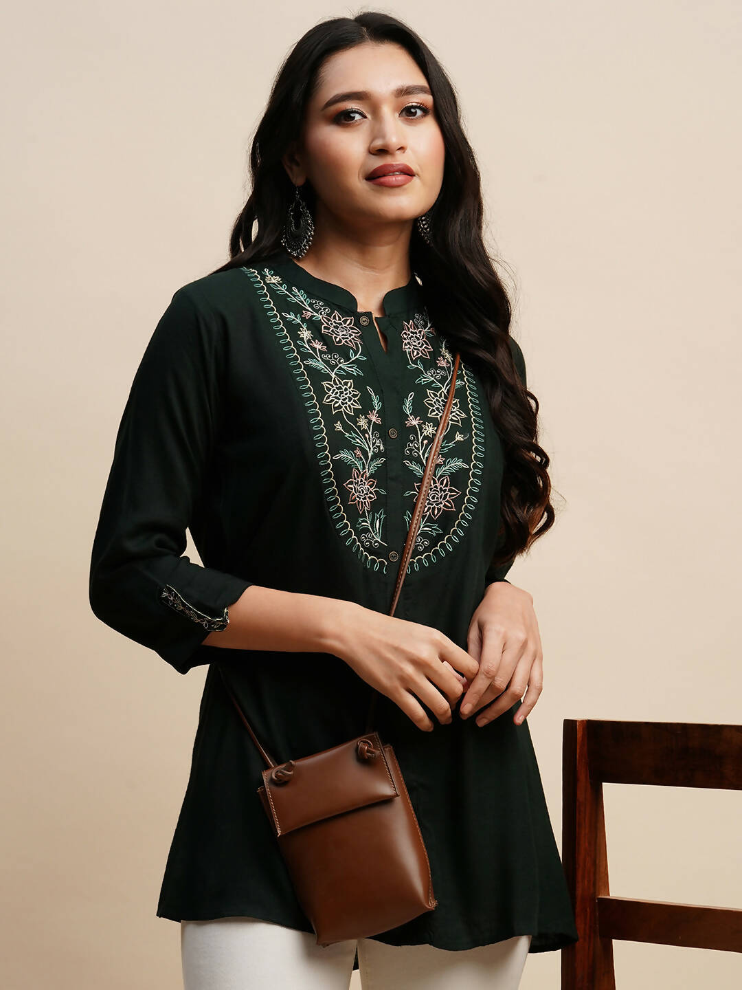 Dark Green Rayon Embroidered Top - Tarini - Distacart