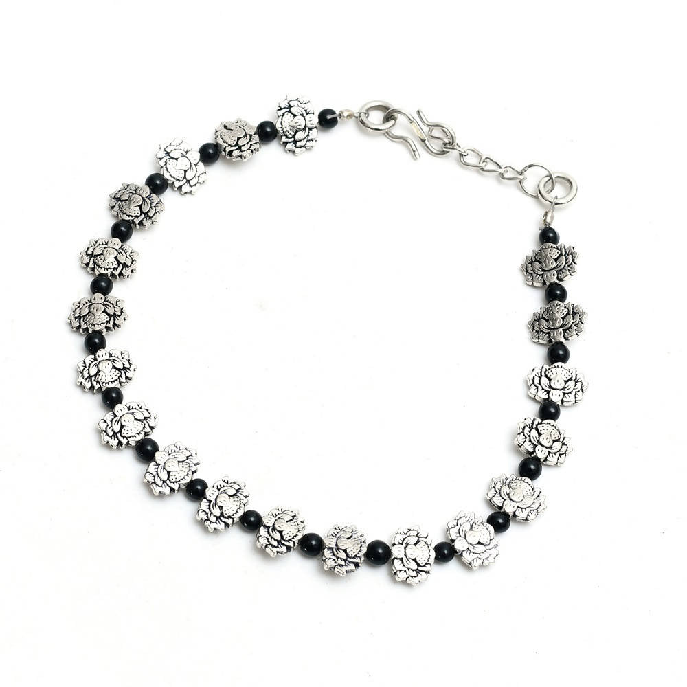 Mominos Fashion Kamal Johar Oxidised Silver Black Beads Anklets