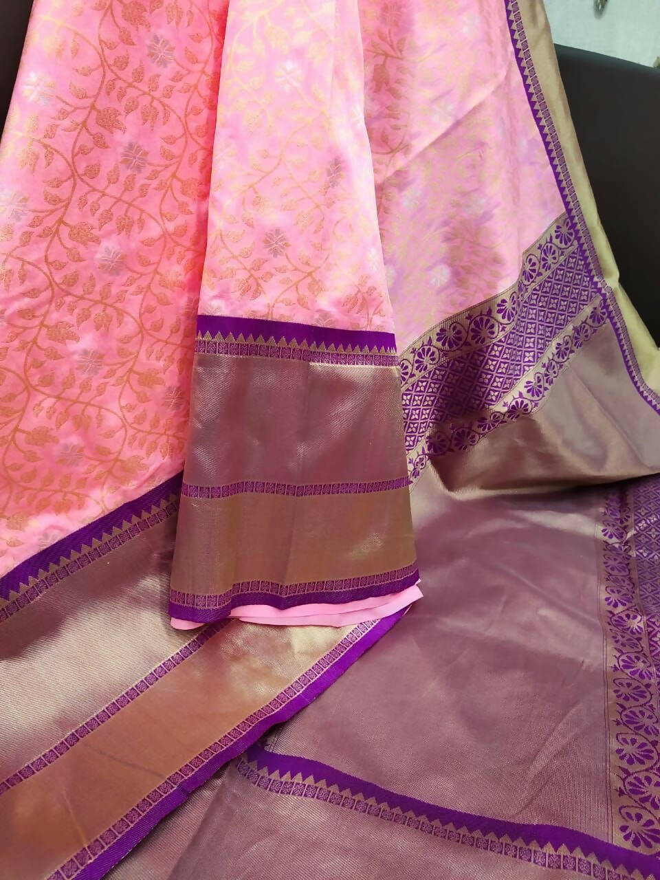 DEIANA'S Beautiful Golden Jari with New Design Soft Lichi Silk Saree - Pink - Distacart