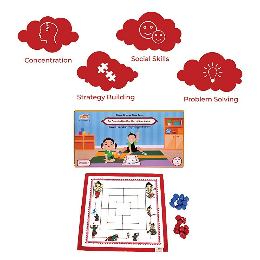 Desi Toys Bal Ganesha Nine Men Morris/ Navakankari, Classic Strategy Board Game with Canvas Fabric Board, Based on Indian Mythological Story - Distacart