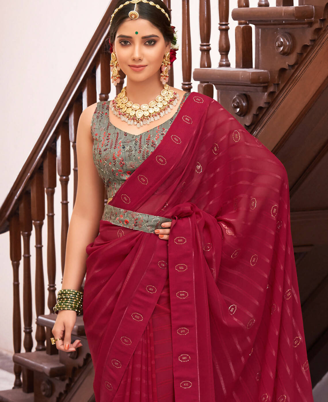 Maroon Georgette Swaroski Work Saree With Unstitched Blouse Piece - Juhi - Distacart