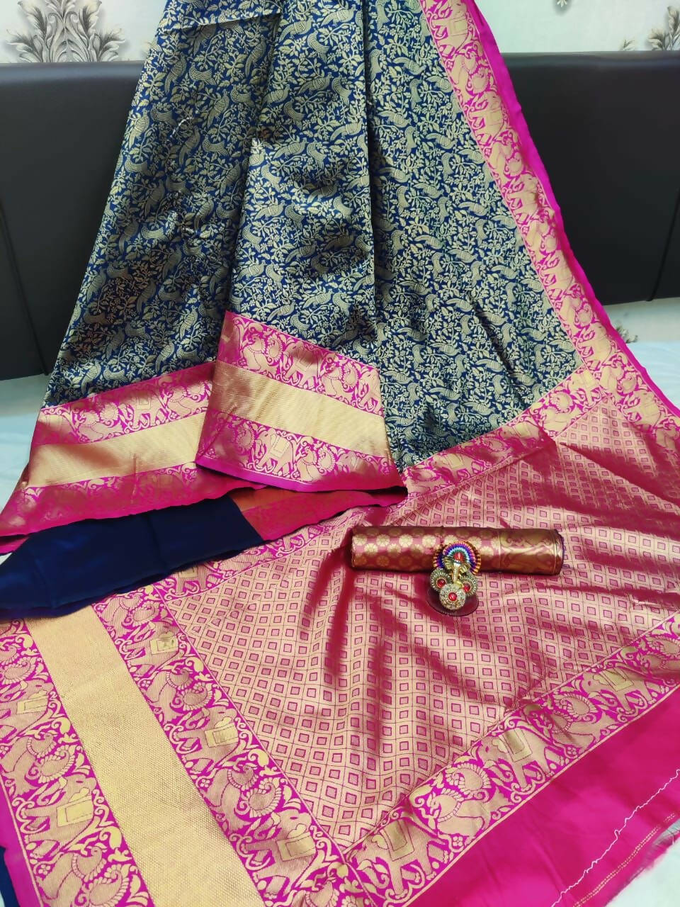 DEIANA'S Beautiful Golden Jari with New Design Soft Lichi Silk Saree - Blue - Distacart