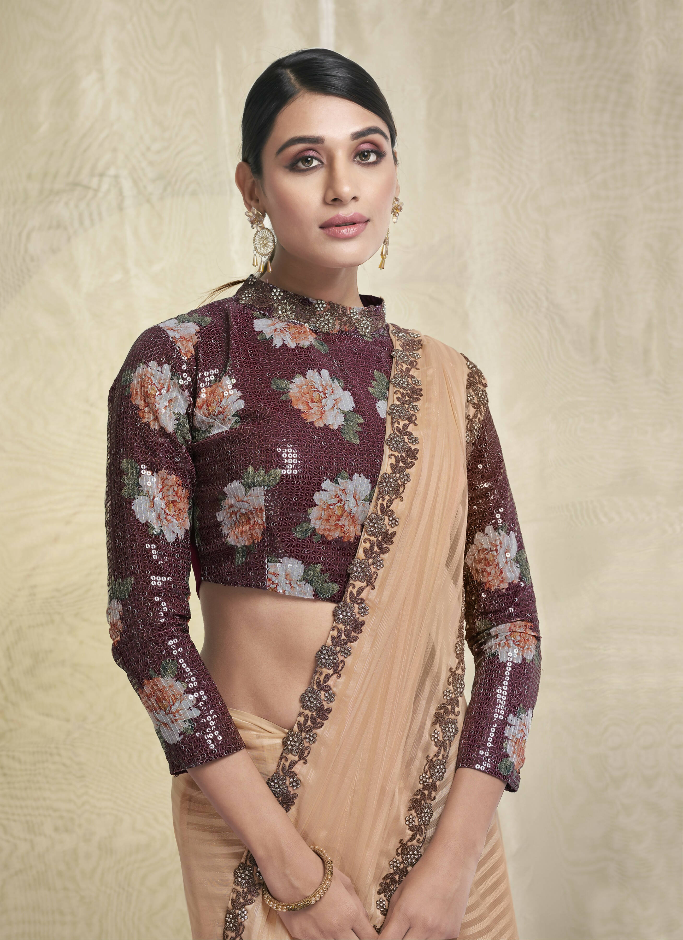 Peach Georgette Stone Work With Embroidery In Border Saree With Blouse Piece - Norita Avyaan - Distacart