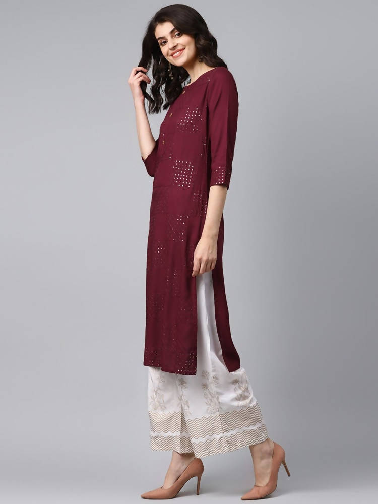 Yufta Women Maroon Self Design Kurta with Palazzo