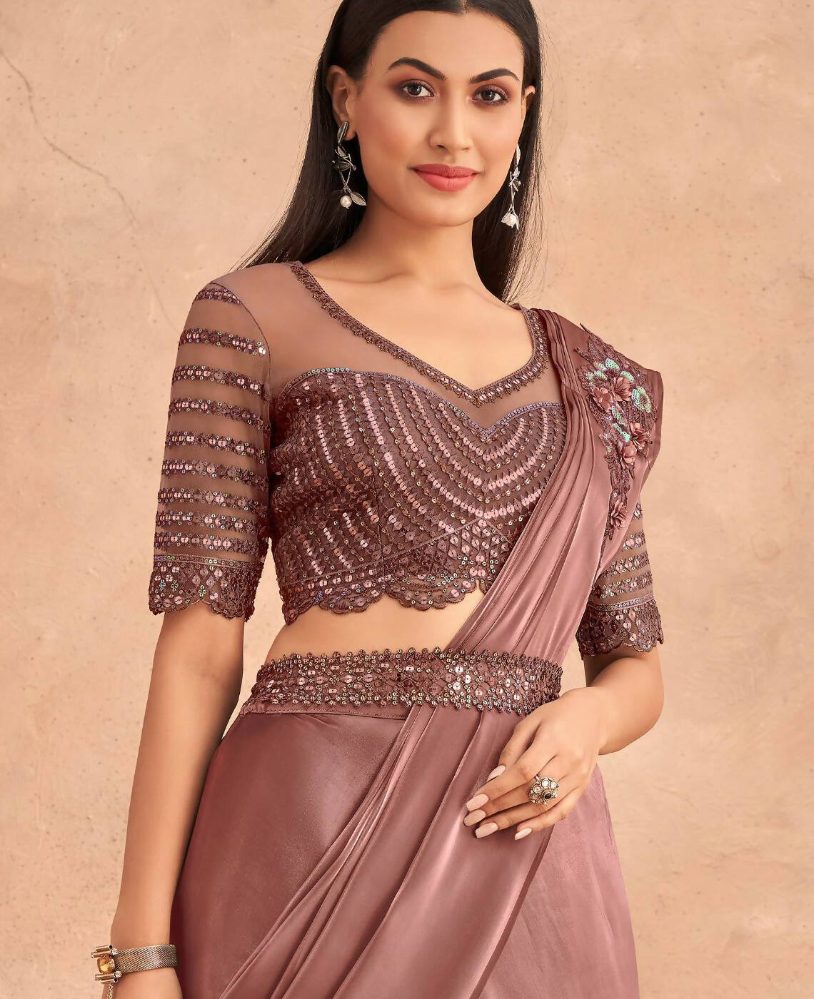 Dark Mauve Satin Embroidered Ready To Wear Saree With Unstitched Blouse Piece - Nandika - Distacart