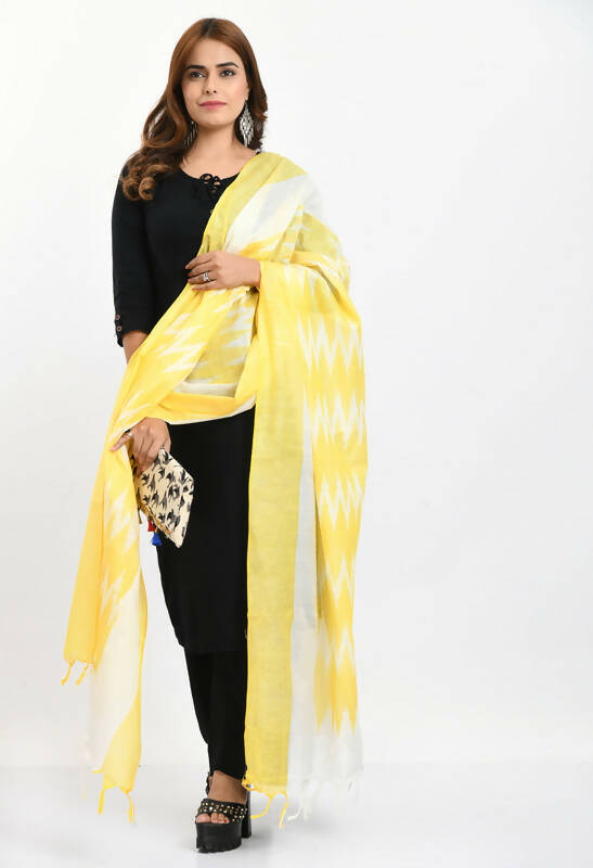 Mominos Fashion Moeza Women's Handloom Cotton Ikkat Yellow Dupatta - Distacart
