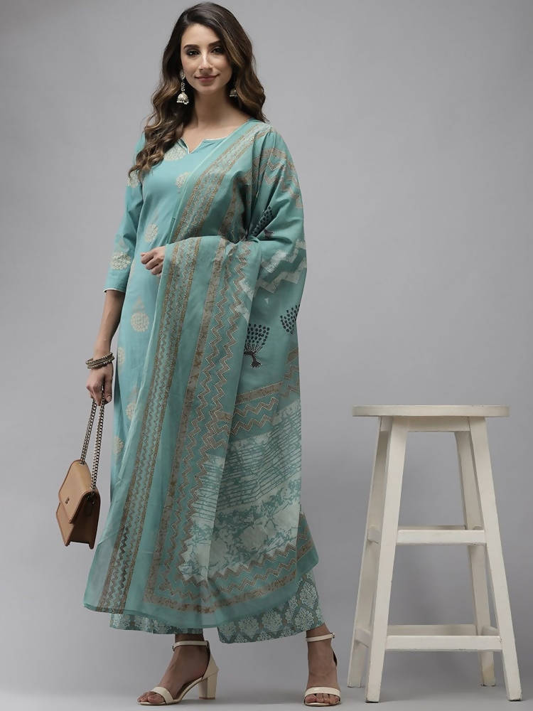 Yufta Women Blue & Off-White Printed Kurta with Palazzo & Dupatta