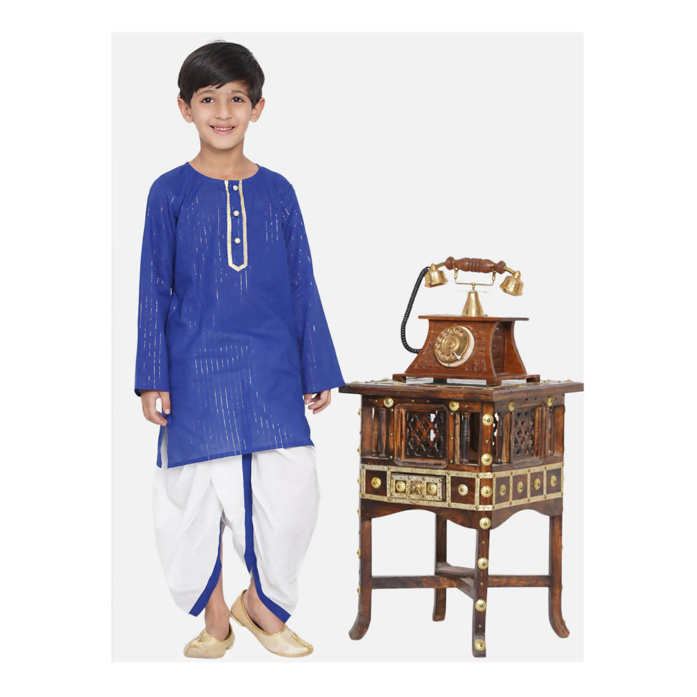 Little Bansi Golden Striped Kurta and Dhoti - Royal Blue and Cream