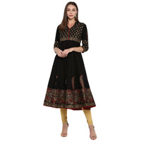 Thumbnail for NOZ2TOZ Women's Black & Golden Cotton Printed Anarkali Kurti With Block Print (1 Pc) - Distacart
