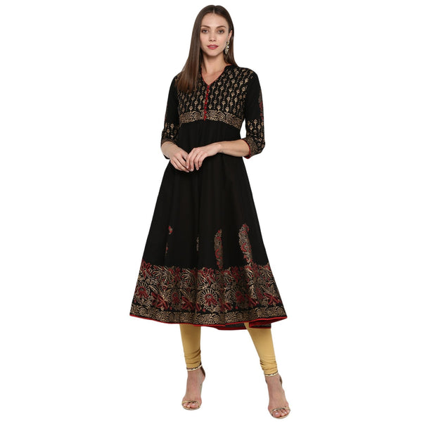 NOZ2TOZ Women's Black & Golden Cotton Printed Anarkali Kurti With Block Print (1 Pc) - Distacart
