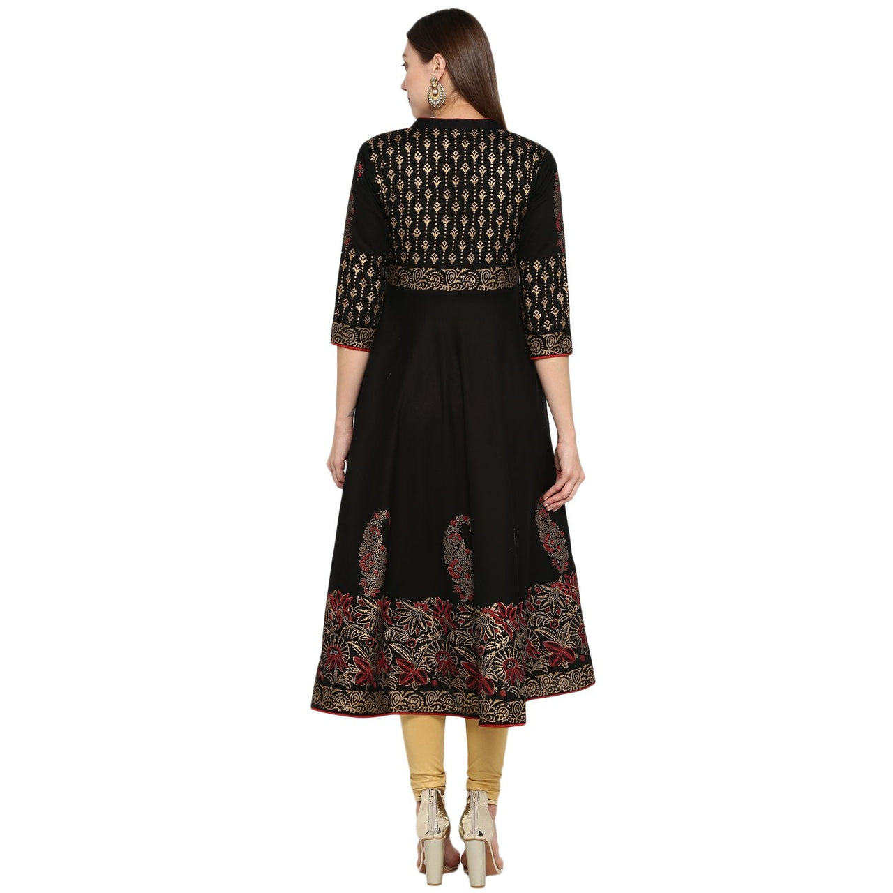 NOZ2TOZ Women's Black & Golden Cotton Printed Anarkali Kurti With Block Print (1 Pc) - Distacart