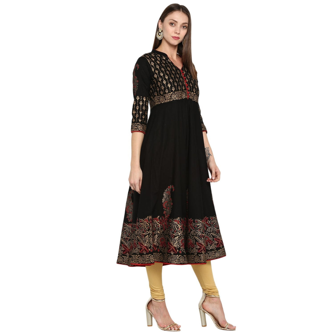 NOZ2TOZ Women's Black & Golden Cotton Printed Anarkali Kurti With Block Print (1 Pc) - Distacart