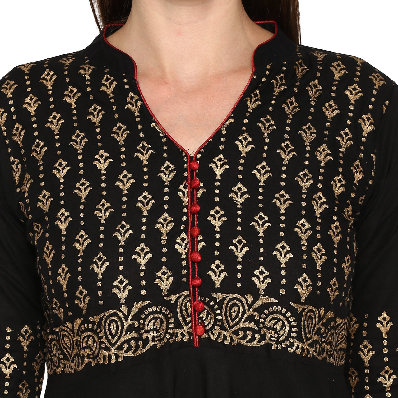 NOZ2TOZ Women's Black & Golden Cotton Printed Anarkali Kurti With Block Print (1 Pc) - Distacart