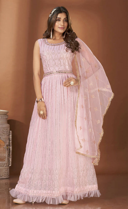 Pink Georgette Crush Mirror Work Gown With Duppatta - Shaili - Distacart