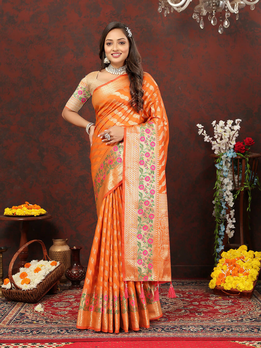 Lorenvalley Fashion Orange Soft Silk Woven Design with Zari Weaving Leheriya Design Saree - Distacart