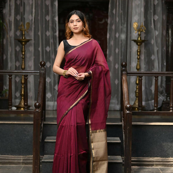 Very Much Indian VMI Exclusive Designer! Handloom Cotton Silk Saree With Sleek Golden Border - Maroon Shade - Distacart