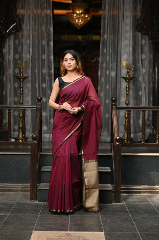 Very Much Indian VMI Exclusive Designer! Handloom Cotton Silk Saree With Sleek Golden Border - Maroon Shade - Distacart