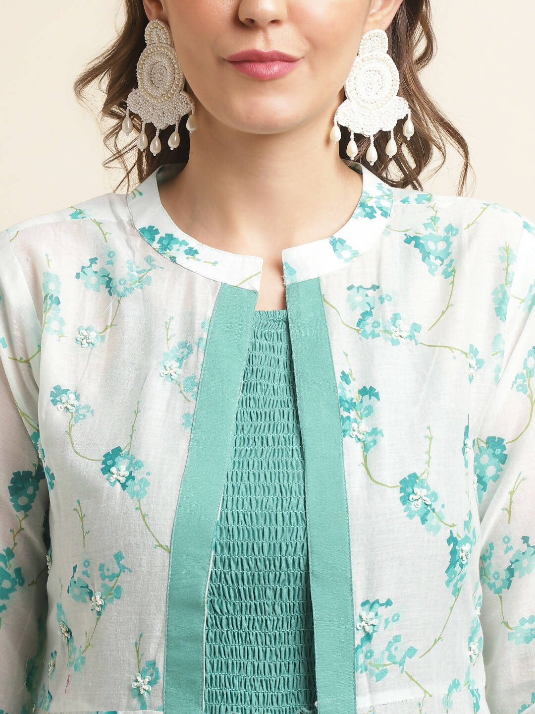 Light Blue Cotton Solid Flared Dress with Printed Shrug - Yukti - Distacart