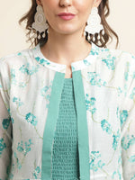 Thumbnail for Light Blue Cotton Solid Flared Dress with Printed Shrug - Yukti - Distacart