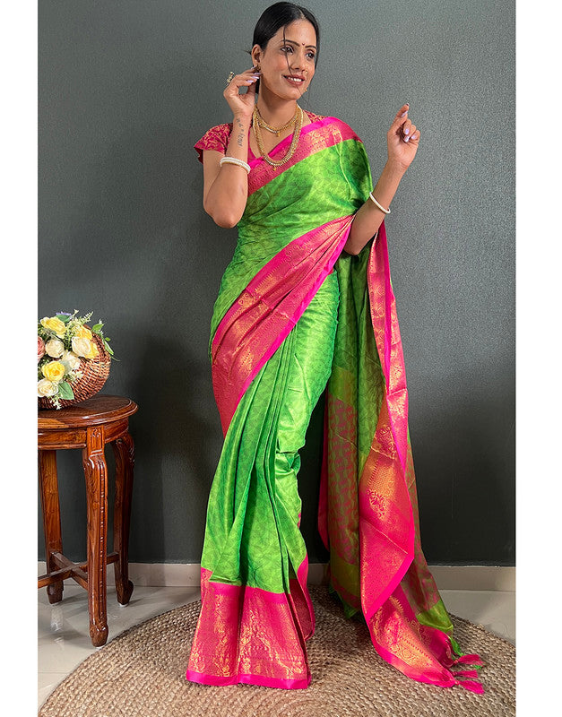 Malishka Banarasi Silk Ready To Wear Saree With Blouse Piece - Parrot & pink - Distacart