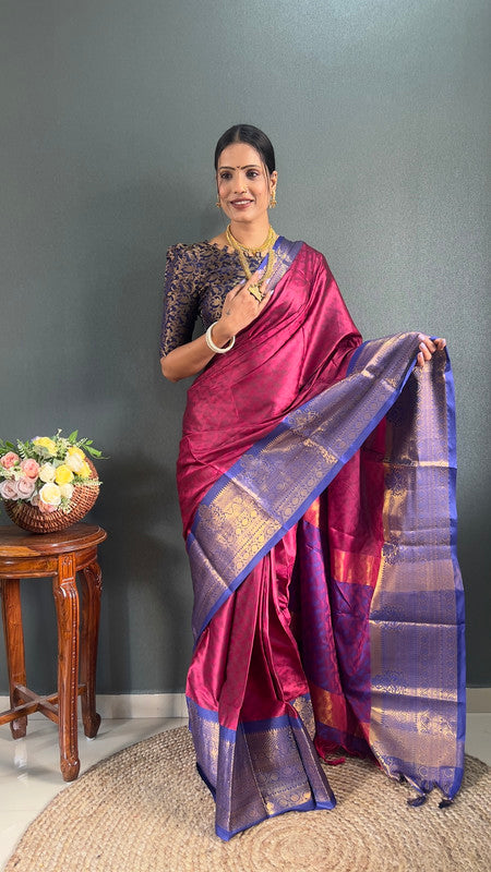 Malishka Banarasi Silk Ready To Wear Saree With Blouse Piece - Pink & blue - Distacart