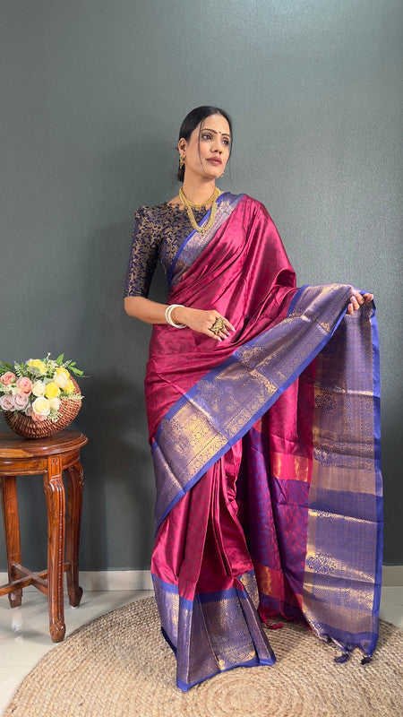 Malishka Banarasi Silk Ready To Wear Saree With Blouse Piece - Pink & blue - Distacart