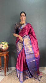 Thumbnail for Malishka Banarasi Silk Ready To Wear Saree With Blouse Piece - Pink & blue - Distacart