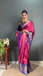 Thumbnail for Malishka Banarasi Silk Ready To Wear Saree With Blouse Piece - Pink & blue - Distacart
