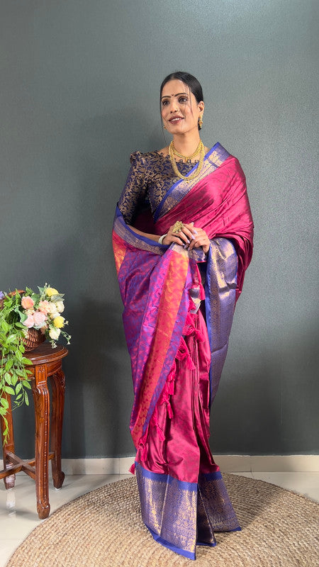Malishka Banarasi Silk Ready To Wear Saree With Blouse Piece - Pink & blue - Distacart