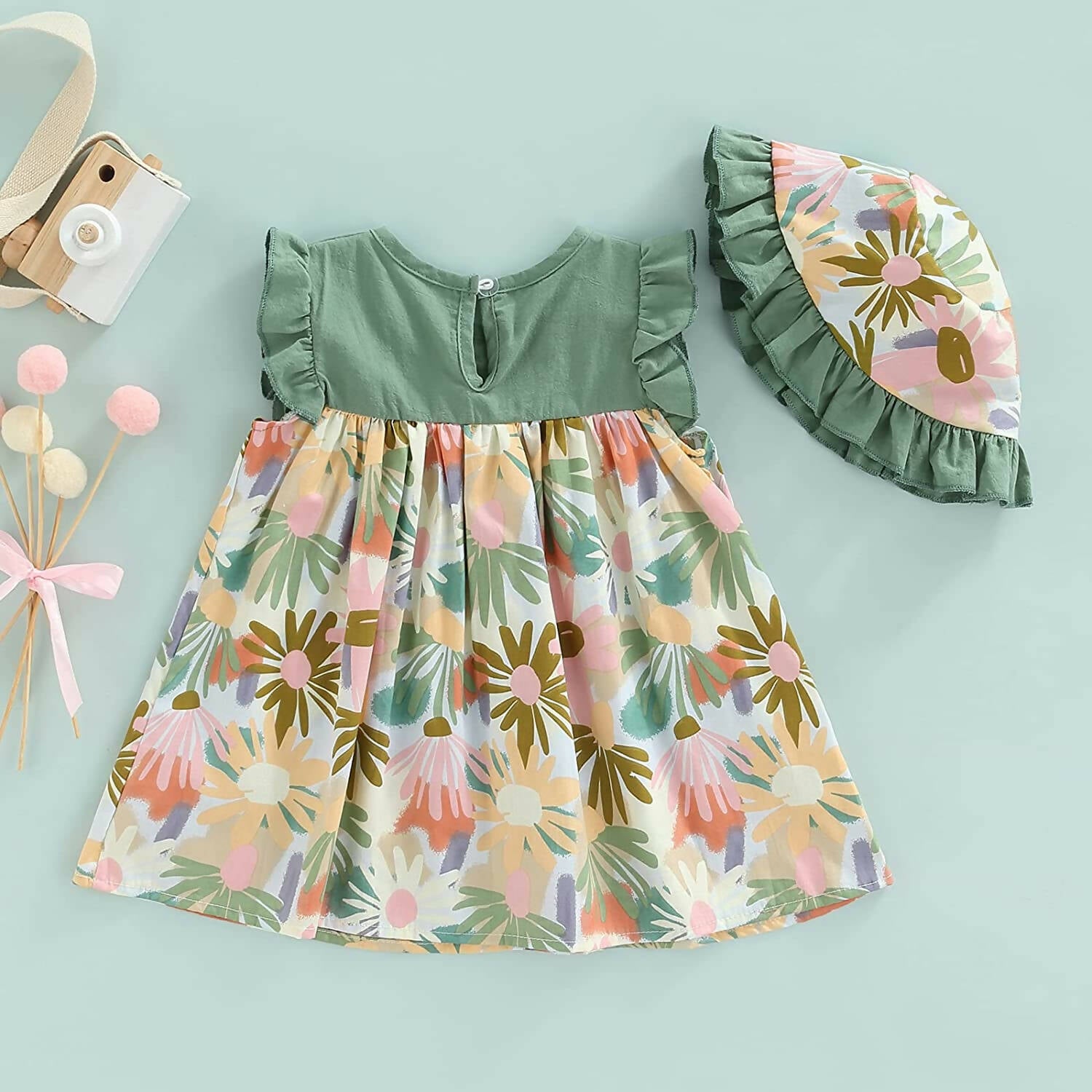 Bold N Elegant Cotton Floral Printed Ruffle Sleeve Princess Dress Frock With Fabric Hat Cap - Green - Distacart