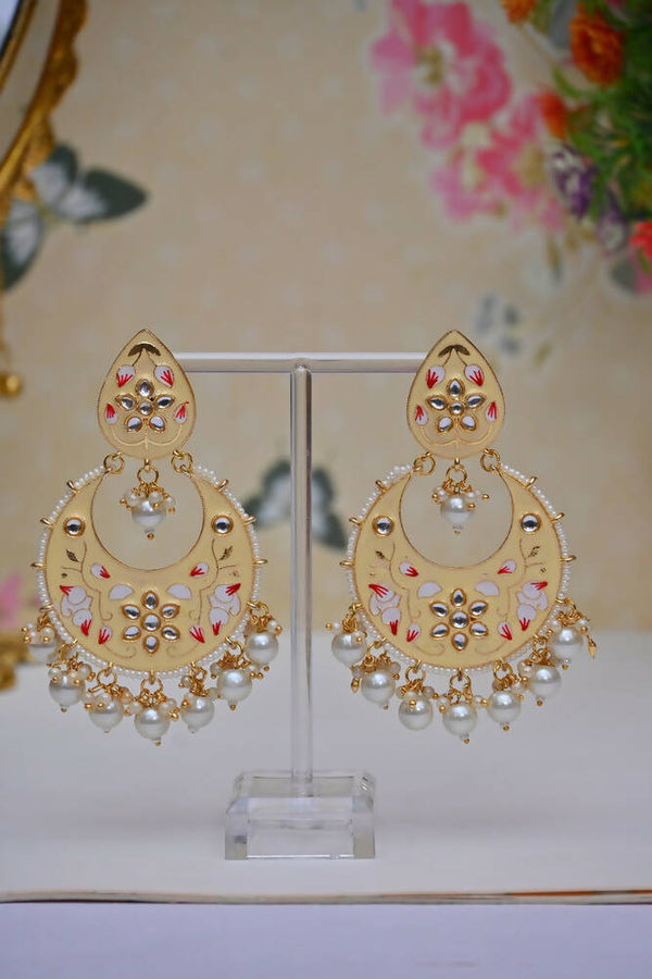 Gold Plated Brass & Pearl Dangle Women Cream Hand Painted Meenakari Chandbali Earrings By House of Ree - Distacart