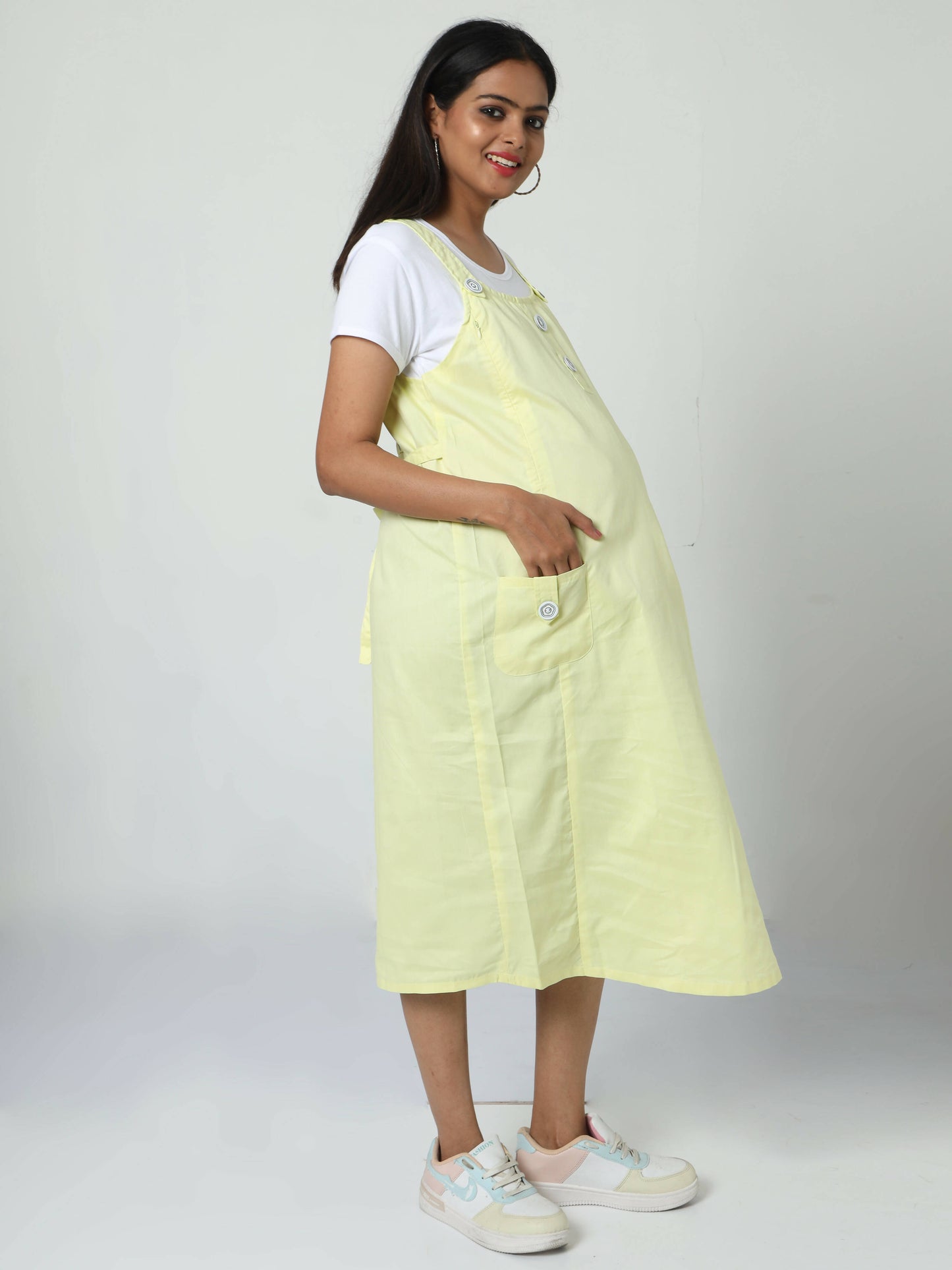 Manet Half Sleeves Solid Maternity Dress With Concealed Zipper Nursing Access - Yellow - Distacart
