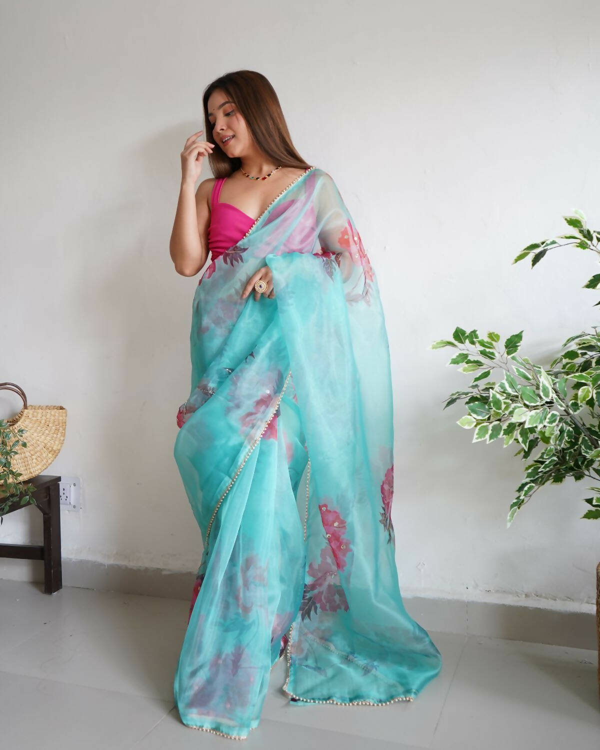 Vamsee Sky Blue Organza Saree - Distacart
