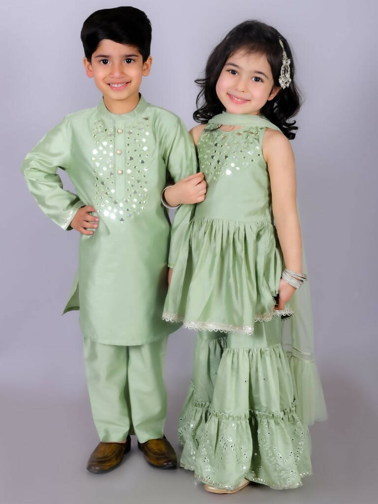 Lil Drama Ethnic Girls Green Kurta with Sharara and dupatta set - Distacart