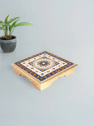 Golden Peacock Gold-Toned & Red Handcrafted Meenakari Wooden Chowki - Distacart