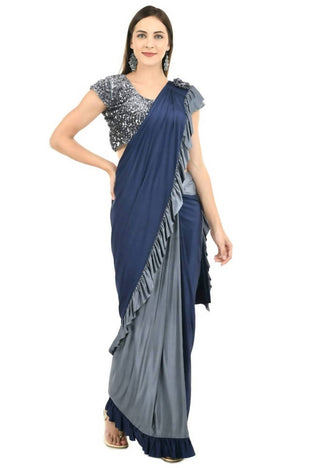 Mominos Fashion All Season Wear Gray And Blue Ruffled Ready To Wear Saree