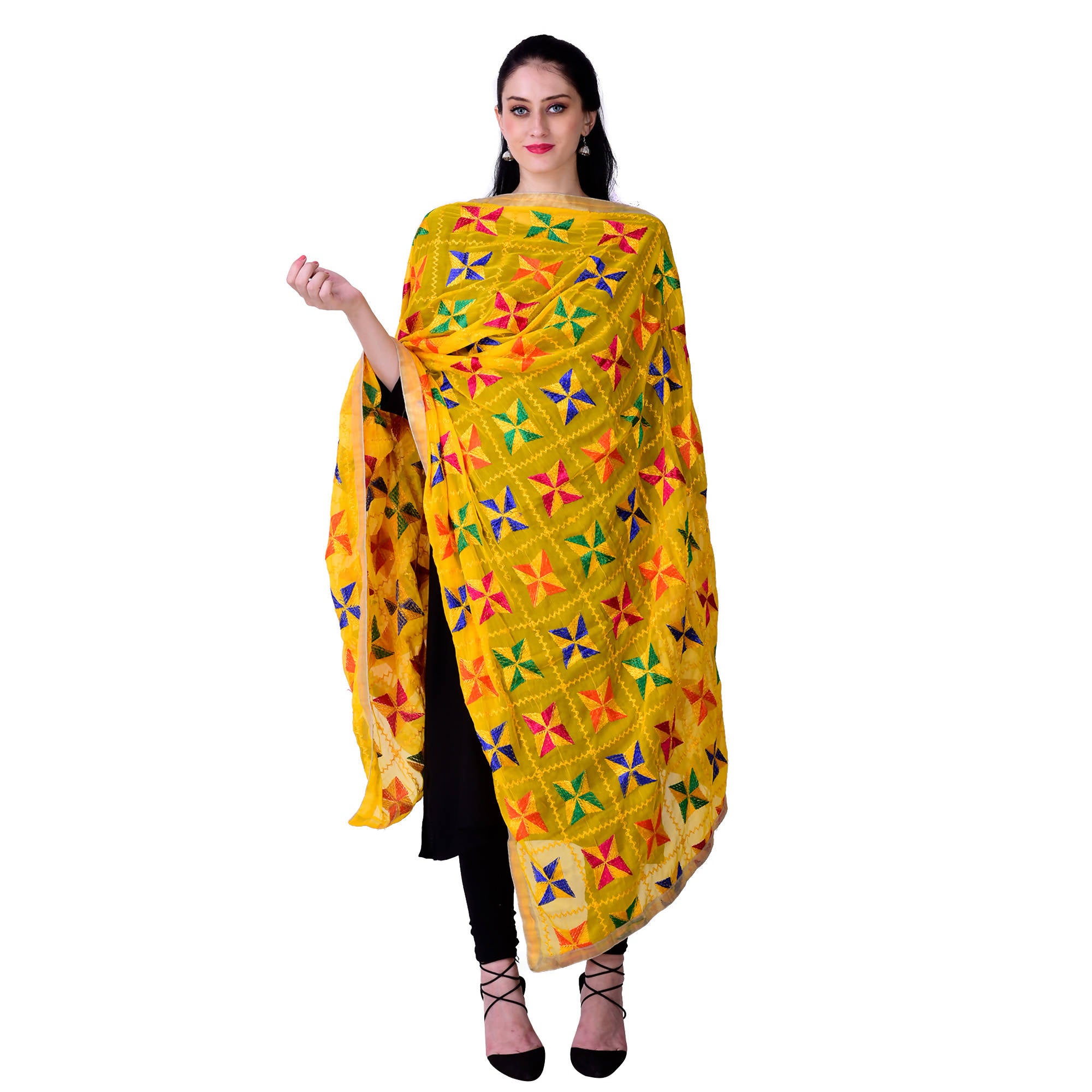 SWI Stylish Women's Embroidered Phulkari Chiffon Yellow Dupatta