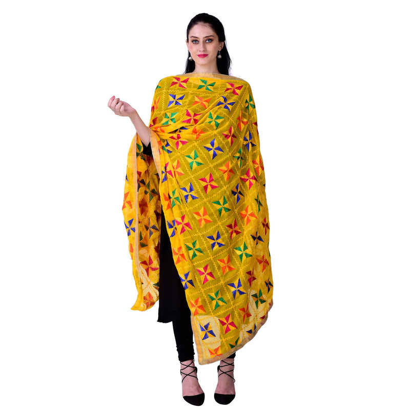 SWI Stylish Women&#39;s Embroidered Phulkari Chiffon Yellow Dupatta