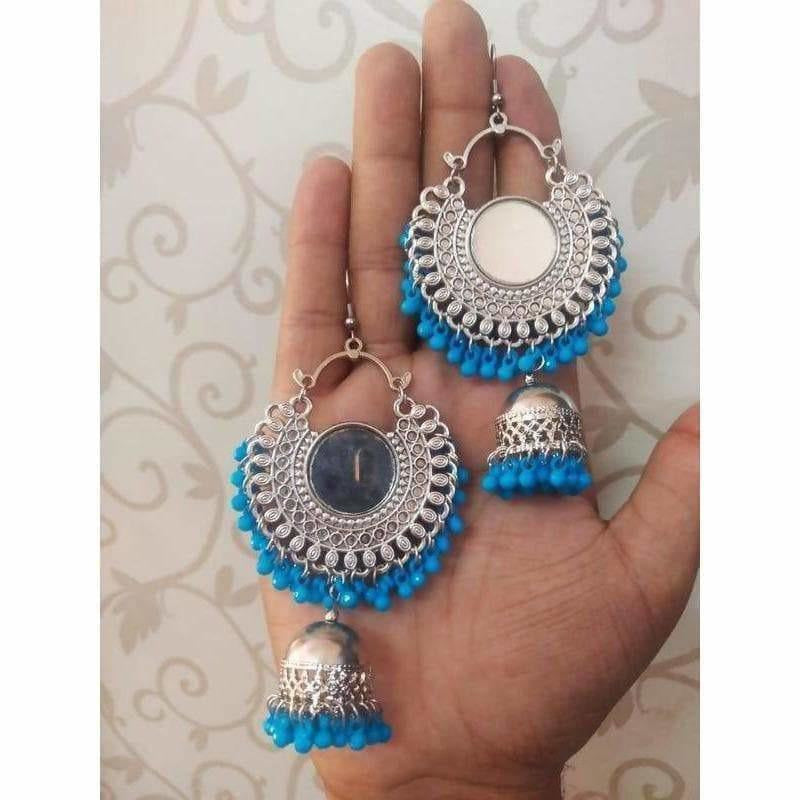 Chandbali Mirror Design Earrings With Blue Color Pearls And Jhumka Hangings