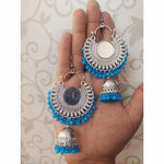 Thumbnail for Chandbali Mirror Design Earrings With Blue Color Pearls And Jhumka Hangings