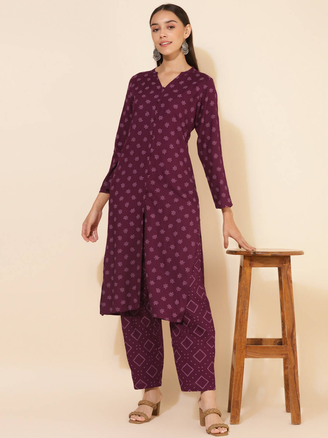 Janasya Women's Wine Rayon Floral Printed Casual Straight Co-ords - Distacart