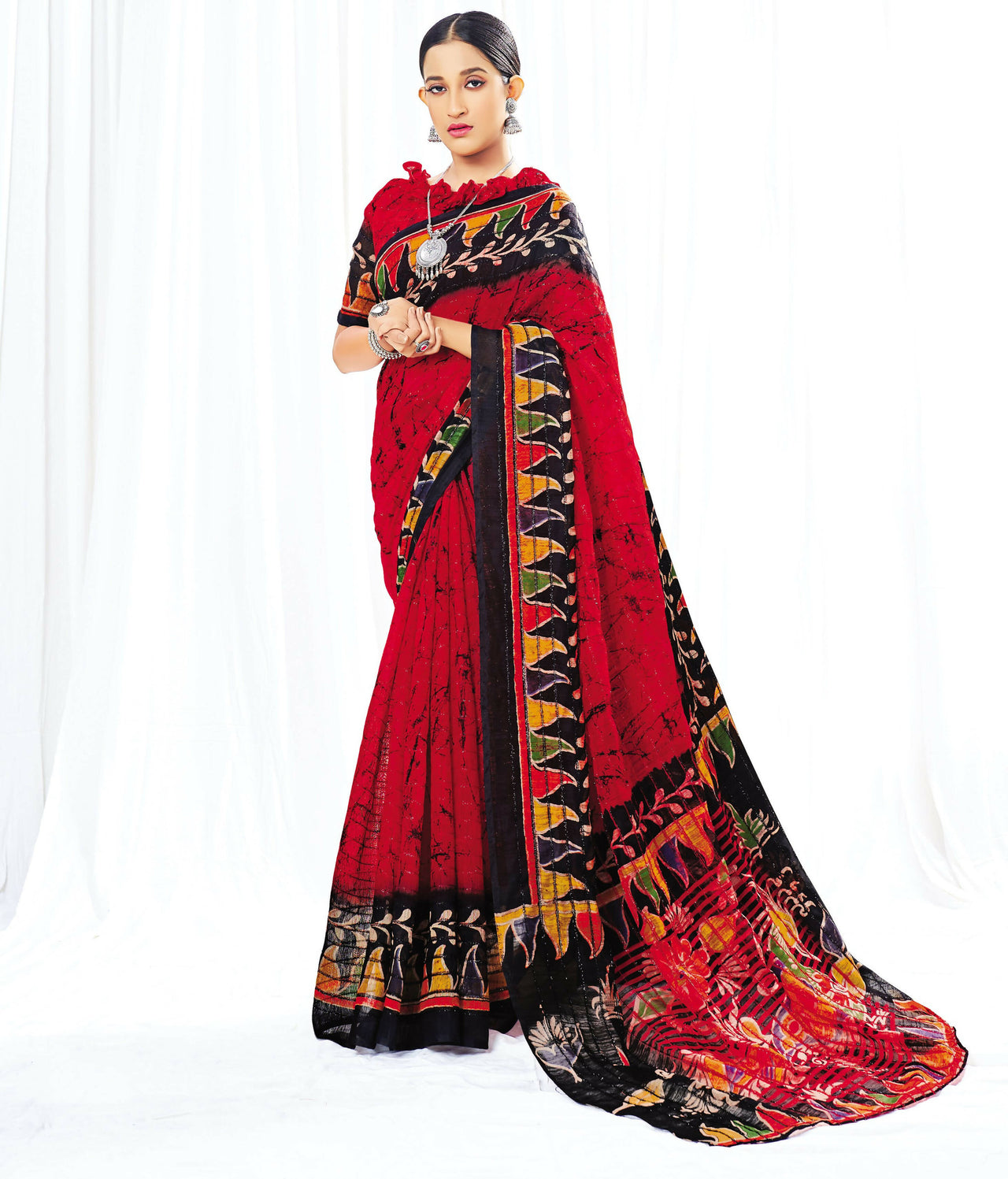 Red Chanderi Cotton Floral Printed Saree With Unstitched Blouse Piece - Kathika - Distacart