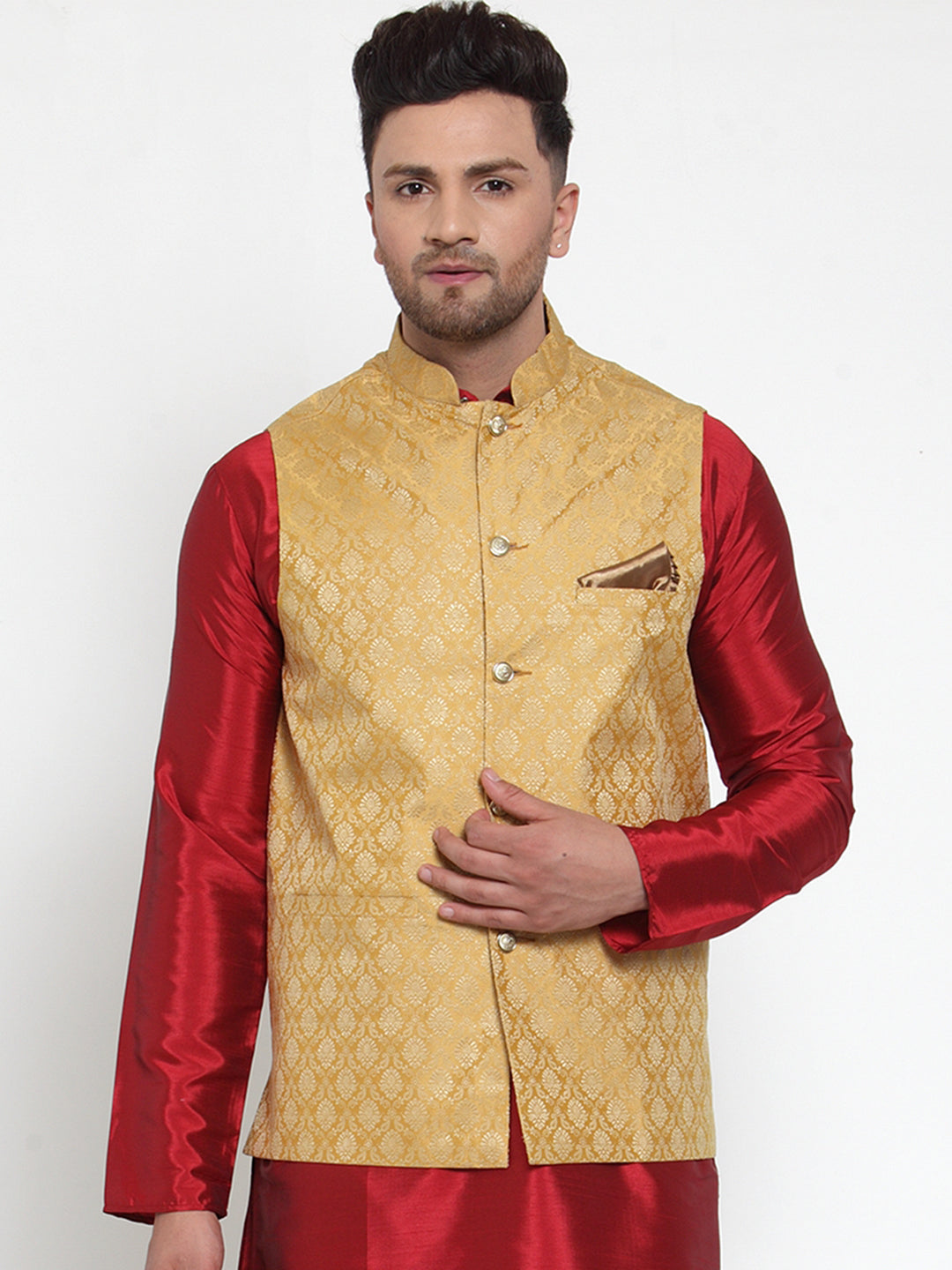 Jompers Men's Beautiful Gold Woven Jacquard Nehru Jacket