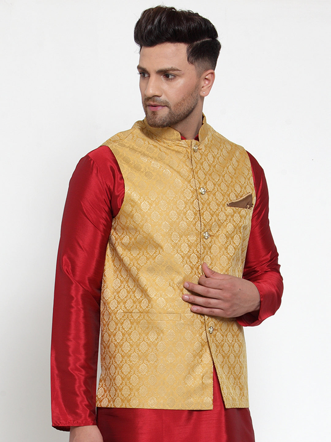 Jompers Men's Beautiful Gold Woven Jacquard Nehru Jacket