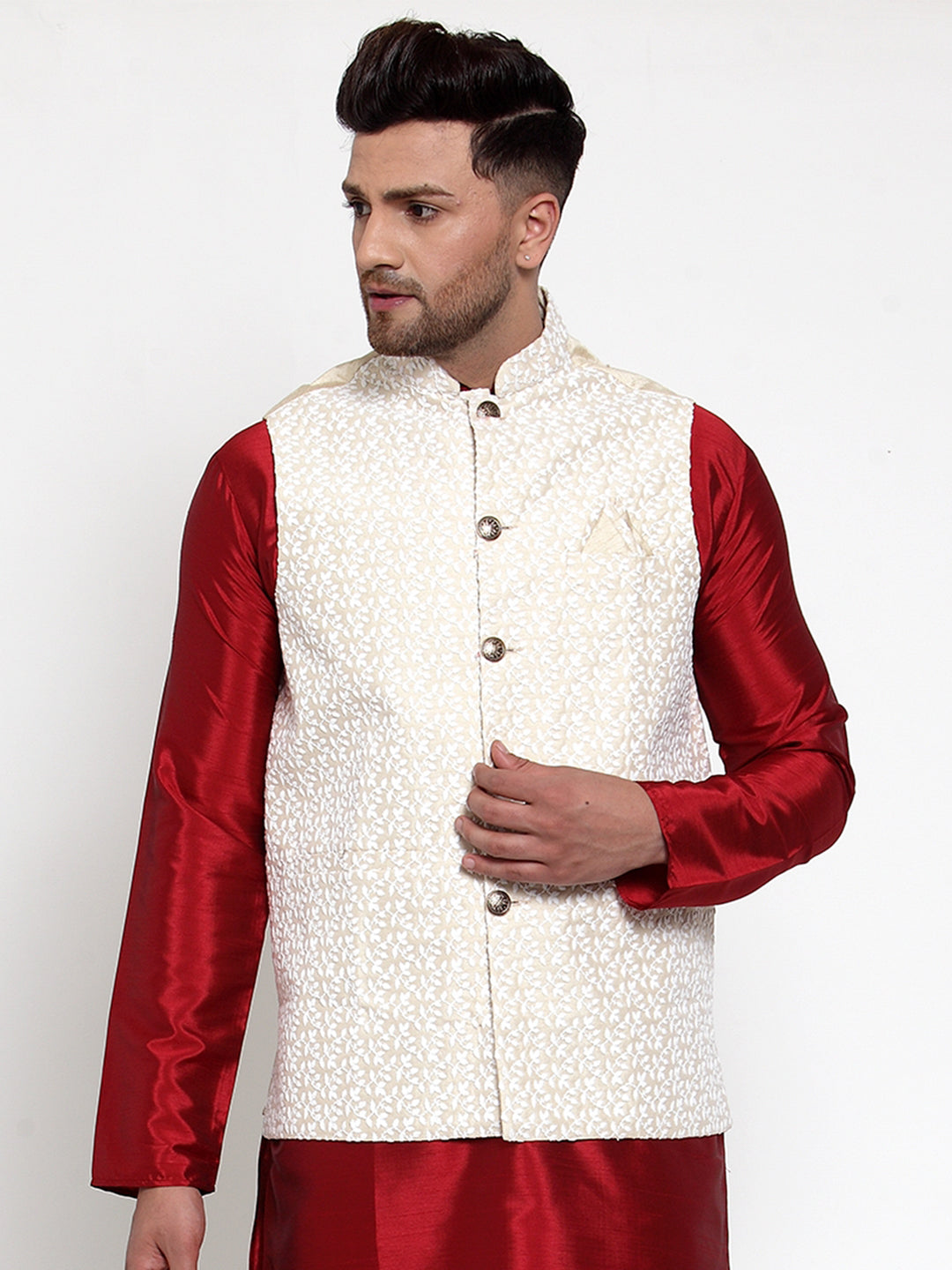 Jompers Men's Beige Embroidered Nehru Jacket