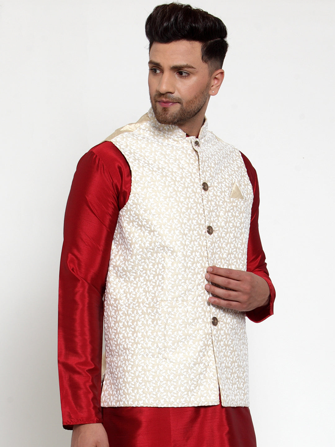 Jompers Men's Beige Embroidered Nehru Jacket