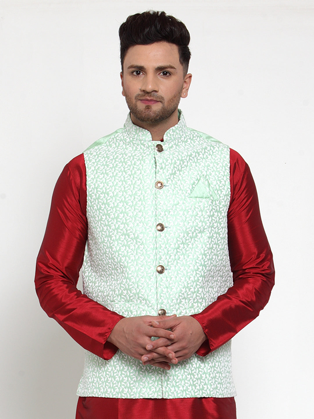 Jompers Men's Green Embroidered Nehru Jacket
