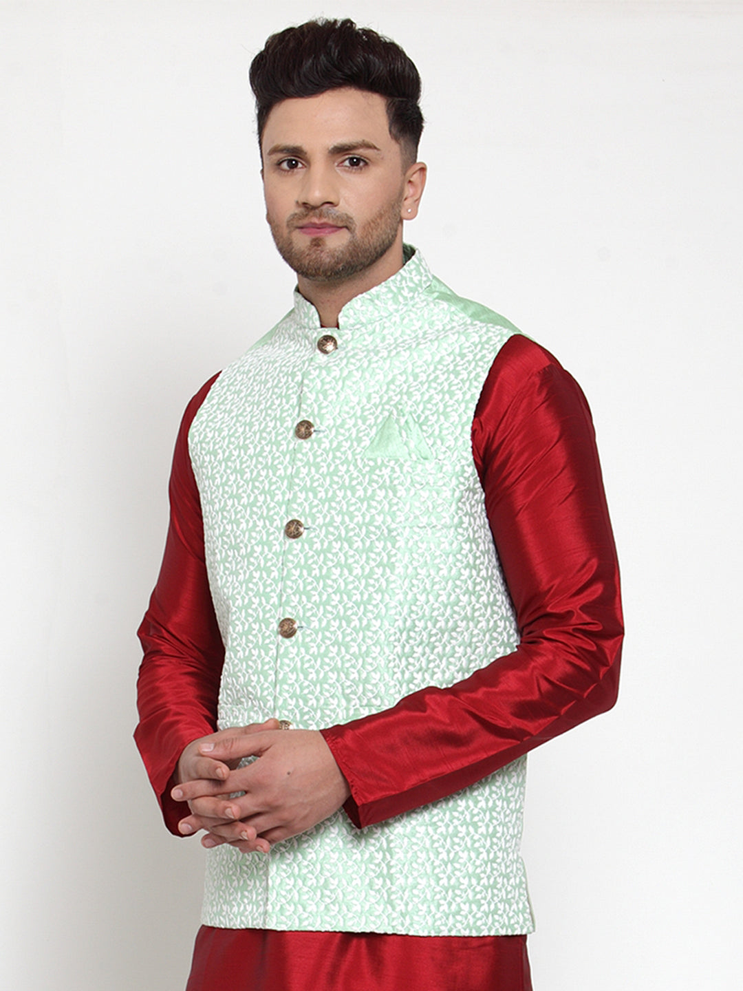 Jompers Men's Green Embroidered Nehru Jacket